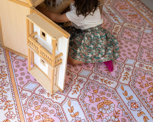 The Dahlia Boho Floral Play Mat – soft pink and blue tones, designed in Australia